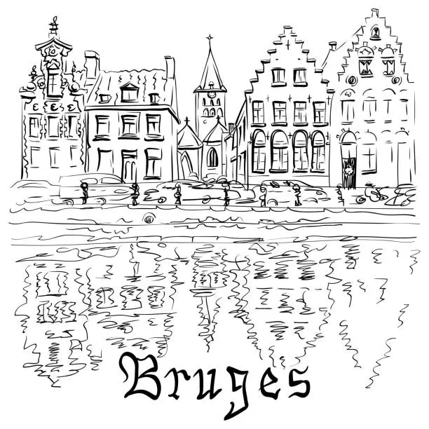 Vector illustration of Bruges canal with beautiful houses