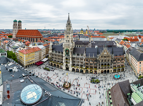 Centre of the Munich Old Town. Marienplatz from above.