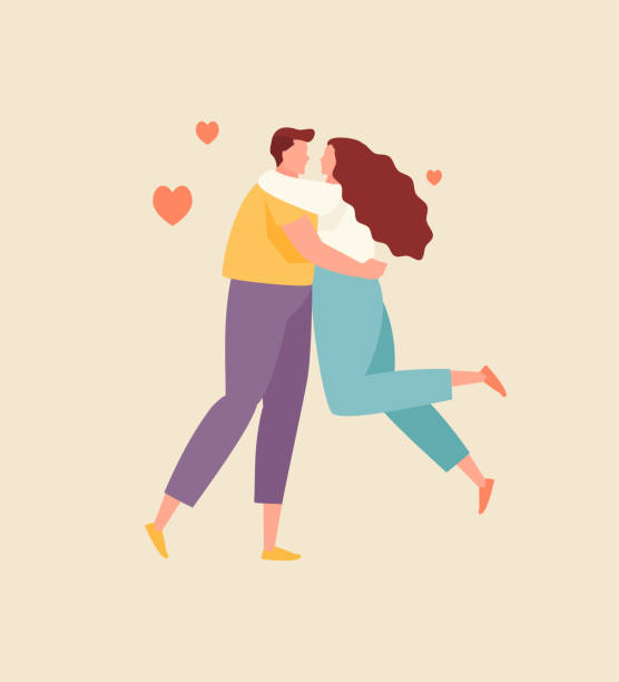 hugging paar in liebe vektor - couple stock-grafiken, -clipart, -cartoons und -symbole