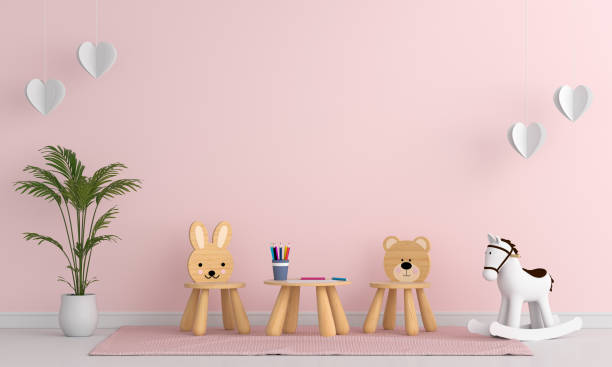 istock Chair and table in pink child room interior for mockup, 3D rendering 1184830963