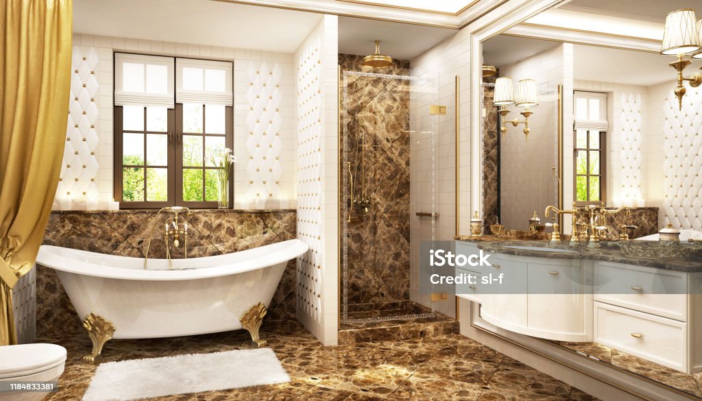Luxurious bathroom in classic style Luxurious bathroom with bath and window Bathroom Stock Photo