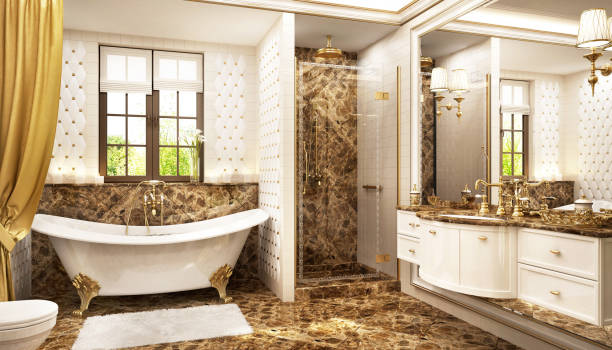 Luxurious bathroom in classic style Luxurious bathroom with bath and window free standing bath stock pictures, royalty-free photos & images