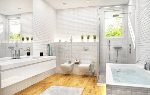 современная белая мозаичная ванная комната - loft apartment bathroom mosaic tile стоковые фото и изображения