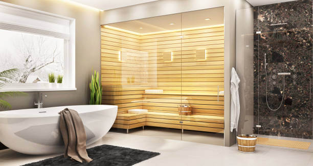 luxuriöses badezimmer mit sauna in einem modernen haus - sauna design stock-fotos und bilder