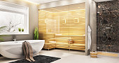 Luxurious bathroom with sauna in a modern home