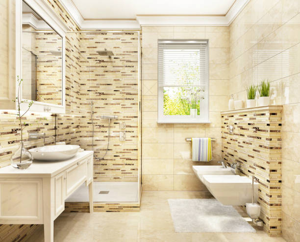 istock Modern bright bathroom with shower and window 1184833463