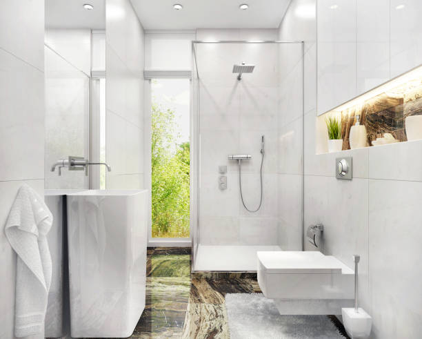 istock Modern white bathroom with shower and window 1184833476