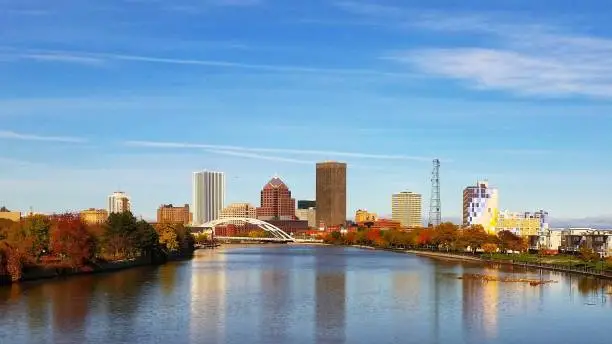 A cityscape of Rochester NY taken from Ford Bridge
