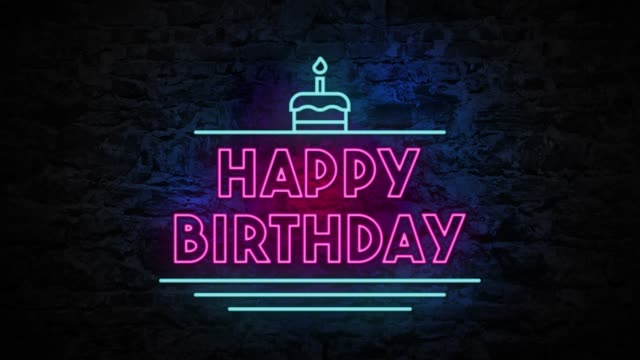 4K Neon light Happy Birthday animation on the brick wall