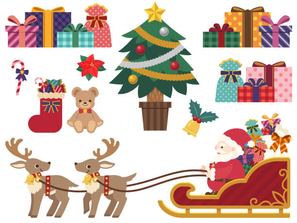 Christmas illustrations set This is an illustration set of reindeers pulling Christmas sleigh, Santa Claus on sleigh, Christmas tree and many presents. multiple christmas trees stock illustrations