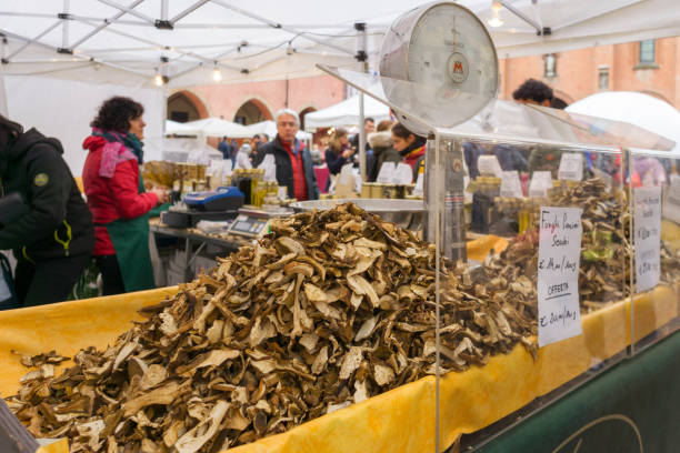 Tourists at the Truffle mushrooms fair and street market of Alba, Piedmont. stock photo