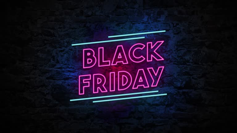 The blinking 4K neon light Black Friday animation on the brick wall