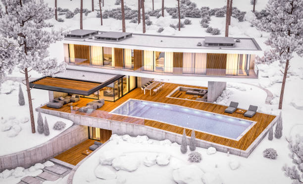 istock 3d rendering of modern clinker house on the ponds with pool in evening night 1184843584