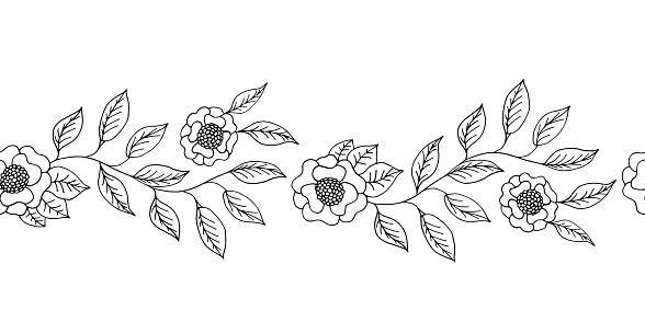 Ilustración de Borde Sin Costuras De Flores Negras Sobre Un Fondo Blanco En Estilo Doodle Decoración Para Tarjetas De Boda Hermoso Adorno Floral Para La Decoración De Vacaciones Plantilla De Tarjeta De Ilustración de Borde Sin Costuras De Flores Negras Sobre Un Fondo Blanco En Estilo Doodle Decoración Para Tarjetas De Boda Hermoso Adorno Floral Para La Decoración De Vacaciones Plantilla De Tarjeta De