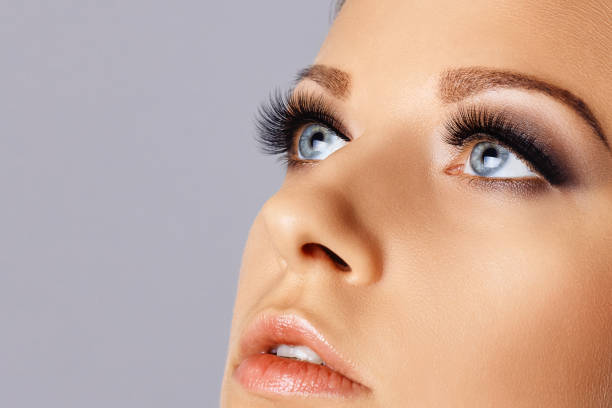 cara de mujer con pestañas largas y maquillaje de ojos ahumados - modelo de artista fotografías e imágenes de stock