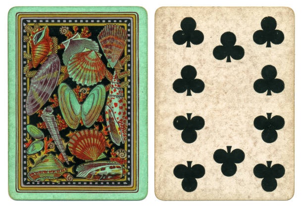 Out of copyright. Collecting seashells was a common pastime in the 19th century, and is illustrated as the green and red back design of this antique Victorian playing card. Typical of the time, the card is wider than modern cards, and the front of the card shows a ten of clubs with no indices in the corners.