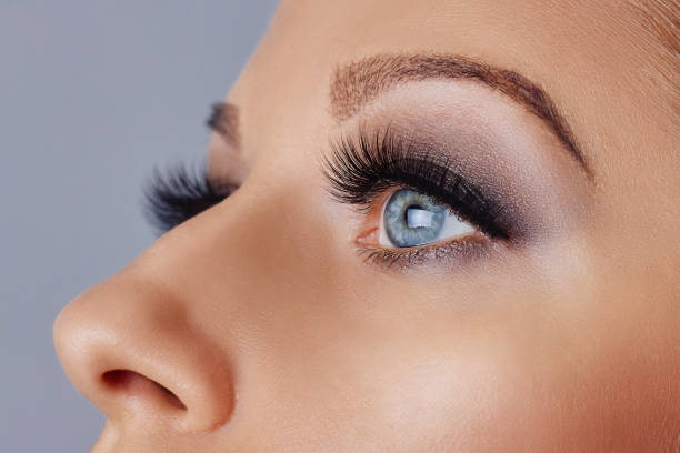 istock Woman face with long eyelashes and smokey eyes make-up 1184847272