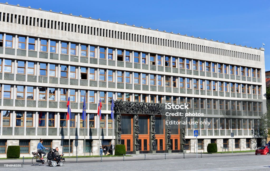 The facade of the Slovenian Parliament. Ljubljana, Slovenia - October 4, 2019: The facade of the Slovenian Parliament. Slovenia Stock Photo
