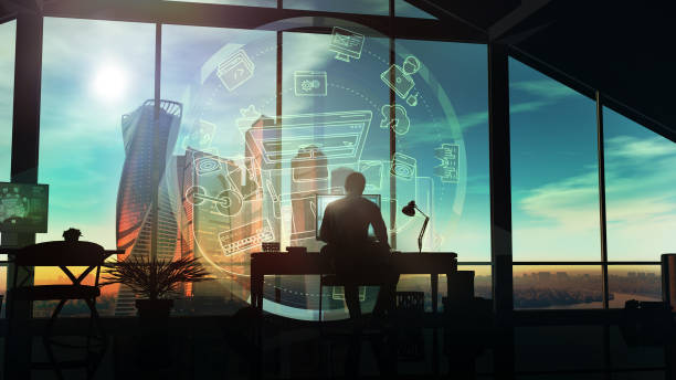 istock Male web designer working on infographic background. 1184848422