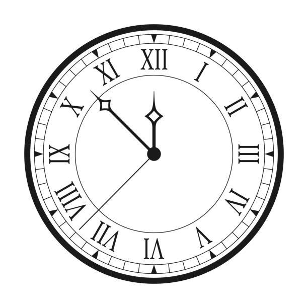 흰색 배경에 고립 된 로마 숫자와 빈티지 시계입니다. 화살표와 로마 시계 얼굴 검은 골동품 시계 - 시계 숫자판 stock illustrations