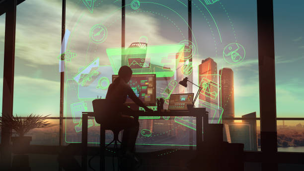 istock Silhouette of a female designer working with a virtual interface. 1184848528