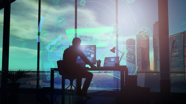 istock The designer works in his office on the infographics background. 1184848698