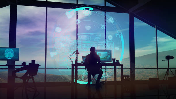 istock The photographer at work with holographic projection 1184848710