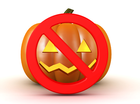 3D Halloween pumpkin with forbidden sign on it. 3D Rendering isolated on white.