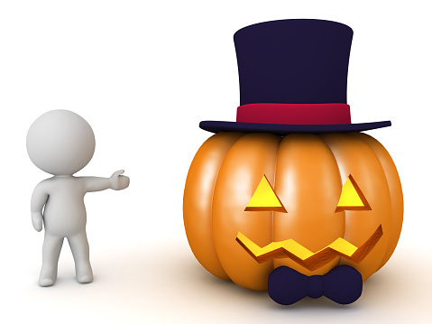 3D Character showing distinguished halloween pumpkin. 3D Rendering isolated on white.