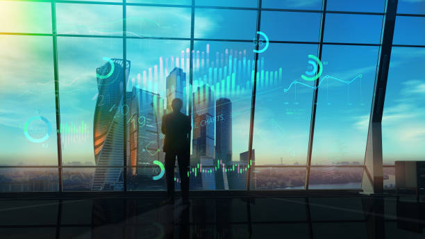 istock Male silhouette in office opposite virtual infographic. 1184850007