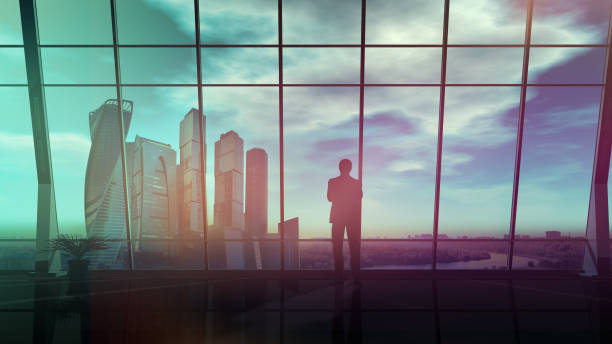 istock Silhouette of a businessman in a modern office with panoramic windows. 1184850048