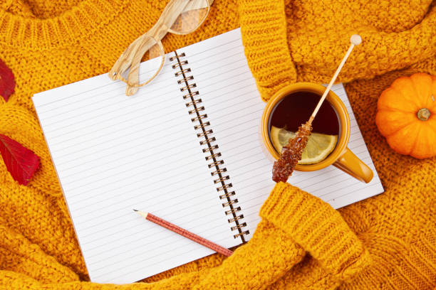 istock Flat lay autumn composition with tea and a warm woolen sweater 1184851222