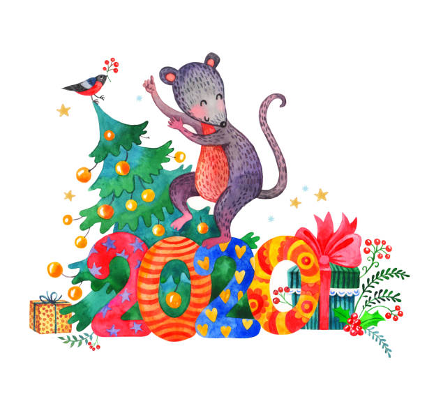 Rat is dancing for 2020 with spruce in new year vector art illustration