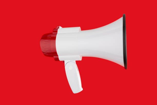istock Single red and white megaphone on red background 1184851497