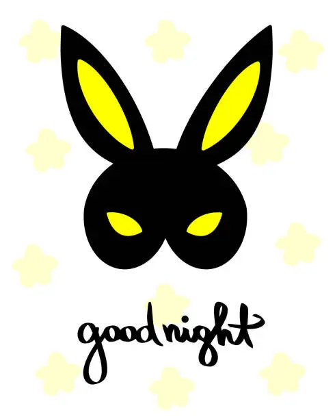 Vector illustration of Good Night Happy black bunny bdsm mask Yellow Stars. Venetian girl masquerade costume. Vector handdrawn design for poster, t shirt print postcard, social media card, easter, video blog illustration
