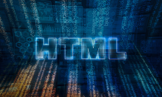 HTML text in neon style placed in technological advanced and futuristic background with codes.
