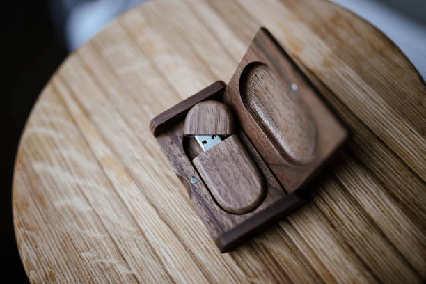 istock Handmade wooden flash drive in a box made of solid wood. 1184857498