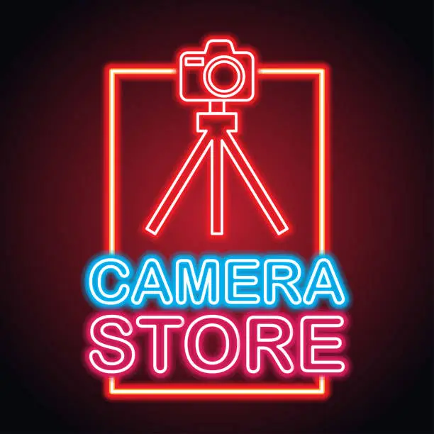 Vector illustration of camera equipment with neon sign effect for camera store. vector illustration