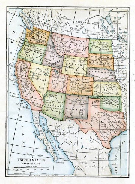 ilustraciones, imágenes clip art, dibujos animados e iconos de stock de estados occidentales de ee.uu. mapa 1898 - montana map usa old