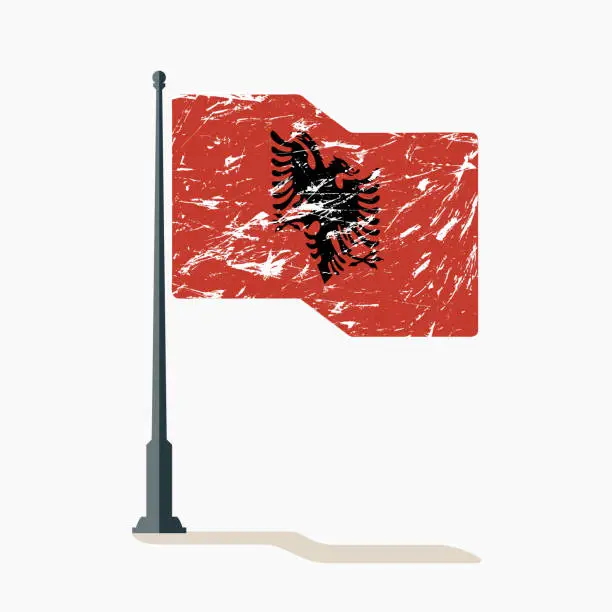 Vector illustration of Albanian flag with scratches, vector flag of Albania waving on flagpole with shadow.
