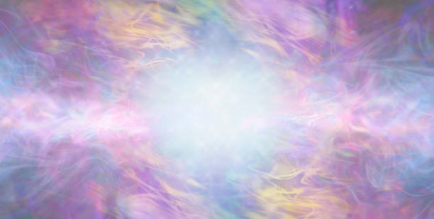 Beautiful Ethereal Special Occasion Multicoloured Background artistic gaseous flowing background with copy space and  central blue white light burst spirituality stock pictures, royalty-free photos & images