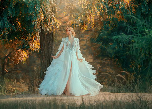 Young woman in incredibly dress with feathers. Creative cloak embroidered with stones, silver and down. White dress with a corset and a long skirt with tulle fluttering in the wind. Art photography