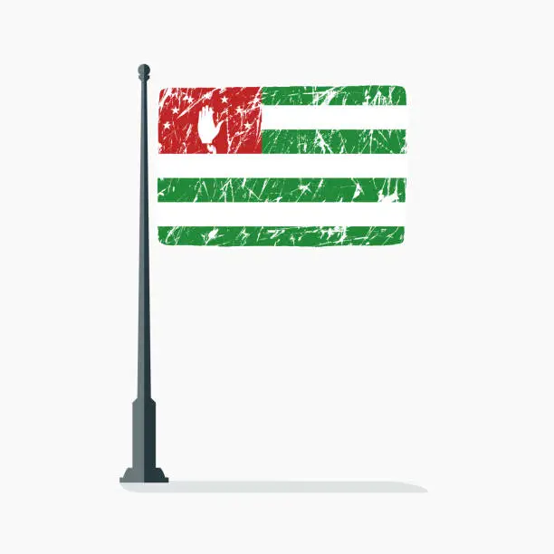 Vector illustration of Abkhazian flag with scratches, vector flag of Abkhazia on flagpole with shadow.