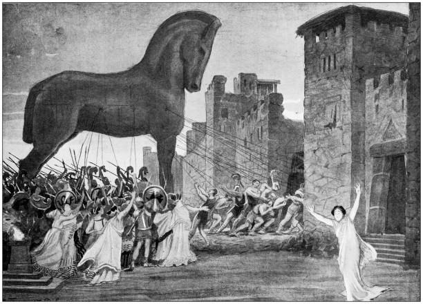 ilustrações, clipart, desenhos animados e ícones de ilustração antiga: cavalo de tróia - trojan horse troy conspiracy history