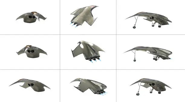 3D Illustration of a futuristic fighter plane from several angles, for science fiction or military aircraft backgrounds, with the clipping path included in the file.