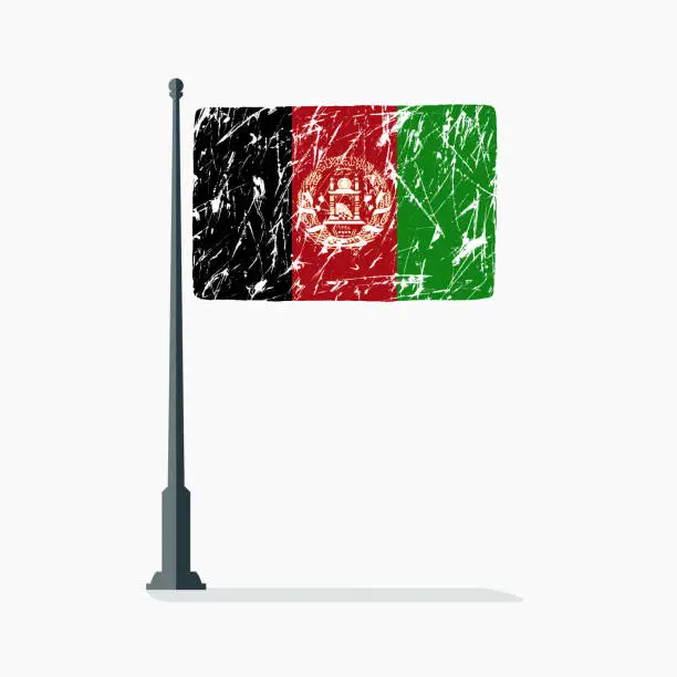 Vector illustration of Afghan flag with scratches, vector flag of Afghanistan on flagpole with shadow.