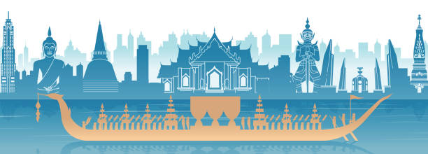 Thailand 002 Thailand famous landmark in scenery design and royal Thai boat silhouette design in blue and orange yellow color,vector illustration abstract asia backgrounds bangkok stock illustrations