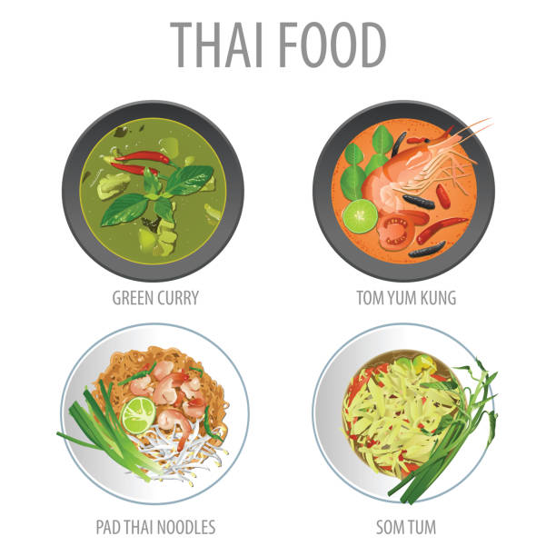 Thai Food Green Curry 01 Bundle of famous Thai food,realistic with top view style,vector illustration pad thai stock illustrations