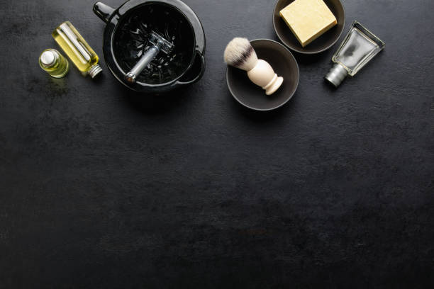istock Shaving accessories set on a dark background, top down view 1184868783