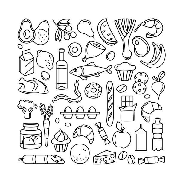 Grocery supermarket goods pattern store food, drinks, vegetables, fruits, fish, meat, dairy, sweets Supermarket grosery store food, drinks, vegetables, fruits, fish, meat, dairy, sweets market products goods thin line icons background pattern. Vector illustration frame border in linear simple style.Supermarket grocery store food, drinks, vegetables, fruits, fish, meat, dairy, sweets market products goods thin line icons background pattern. Vector illustration frame border in linear simple style. meat borders stock illustrations